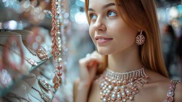 ai généré une magnifique fille choisit une Collier pour se dans une bijoux boutique photo