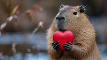 ai généré capybara détient une gros rouge cœur dans sa pattes sur une minimaliste brillant Contexte photo