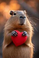 ai généré capybara détient une gros rouge cœur dans sa pattes sur une minimaliste brillant Contexte photo