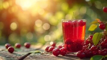 ai généré une verre avec Cerise compote des stands sur une en bois table suivant à il photo