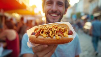 ai généré une souriant homme détient une grand savoureux chaud chien dans le sien main photo