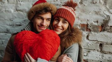 ai généré une Beau gars donne une gros peluche rouge cœur à le sien bien-aimée fille photo