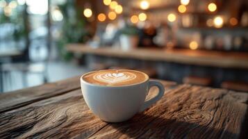 ai généré une tasse de cappuccino avec une cœur sur mousse des stands sur une en bois table contre le Contexte de une flou café magasin photo