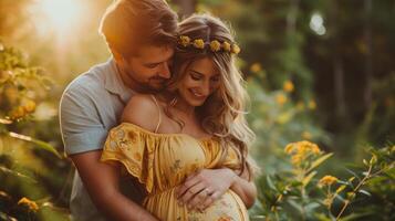 ai généré une homme câlins le sien Enceinte magnifique épouse de derrière dans une brillant robe d'été photo