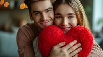 ai généré une Beau gars donne une gros peluche rouge cœur à le sien bien-aimée fille photo