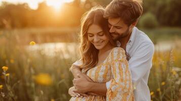 ai généré une homme câlins le sien Enceinte magnifique épouse de derrière dans une brillant robe d'été photo