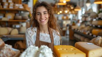 ai généré agréable Jeune vendeuse offre fromage tandis que permanent derrière boutique compteurs photo