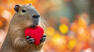 ai généré capybara détient une gros rouge cœur dans sa pattes sur une minimaliste brillant Contexte photo