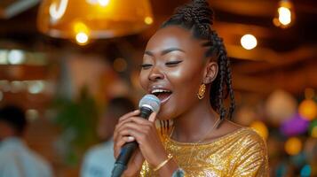 ai généré femme dans d'or robe chante dans une microphone à karaoké photo