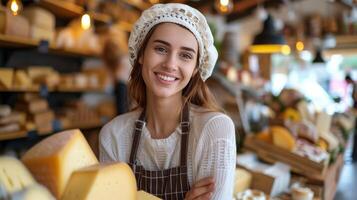 ai généré agréable Jeune vendeuse offre fromage tandis que permanent derrière boutique compteurs photo