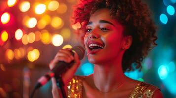 ai généré femme dans d'or robe chante dans une microphone à karaoké photo