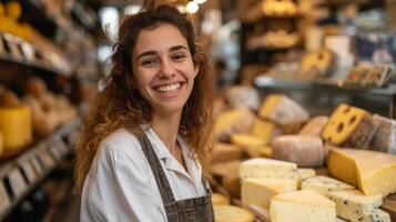 ai généré agréable Jeune vendeuse offre fromage tandis que permanent derrière boutique compteurs photo