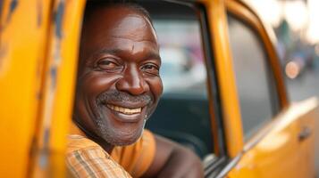 ai généré Taxi chauffeur souriant et à la recherche à le caméra de le fenêtre de le sien voiture photo