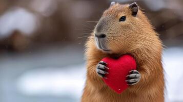 ai généré capybara détient une gros rouge cœur dans sa pattes sur une minimaliste brillant Contexte photo