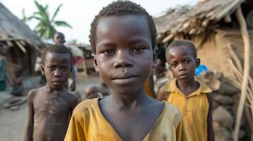 ai généré nombreuses pauvres africain garçons dans une pauvres africain village photo