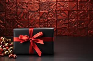 ai généré une noir cadeau boîte et arc sur une noir rouge arrière-plan, photo