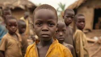 ai généré nombreuses pauvres africain garçons dans une pauvres africain village photo