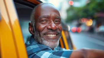 ai généré Taxi chauffeur souriant et à la recherche à le caméra de le fenêtre de le sien voiture photo