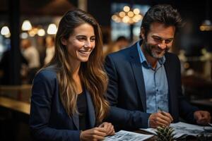 ai généré une affaires homme et femme Regardez à papier et parler, photo