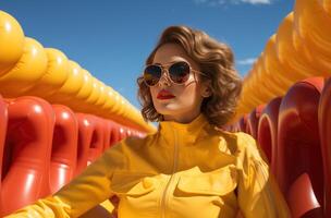 ai généré une fille dans une bleu est mensonge sur un gonflable Jaune tube avec des lunettes de soleil sur, photo