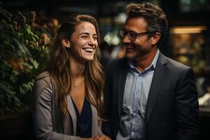 ai généré une affaires homme et femme Regardez à papier et parler, photo