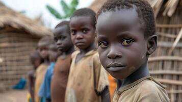ai généré nombreuses pauvres africain garçons dans une pauvres africain village photo