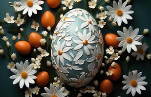 ai généré Pâques Oeuf avec blanc Marguerite, bébé haleine, et Orange fleurs sur une foncé vert Contexte photo