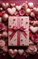 ai généré vide papier carton page entouré par cadeaux et cœurs, sur une rose arrière-plan, photo