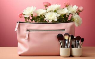 ai généré cosmétique maquillage sac avec accessoires, produits de beauté sur une rose arrière-plan, photo