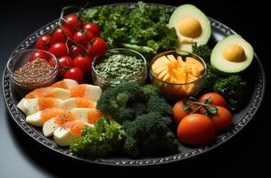 ai généré en bonne santé nourriture avec Avocat et noix de coco pétrole sur une plaque, photo