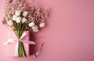 ai généré cadeau boîte avec rose ruban et de bébé haleine, rose tulipes, et rose fleurs photo