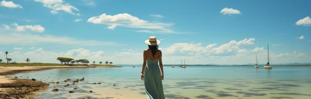 ai généré fille à plage sur blanc sable, photo