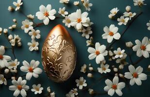 ai généré Pâques Oeuf avec blanc Marguerite, bébé haleine, et Orange fleurs sur une foncé vert Contexte photo