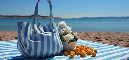 ai généré rayé sac plein de articles et plage les serviettes, photo