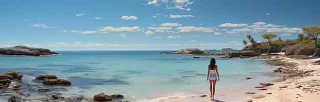 ai généré fille à plage sur blanc sable, photo