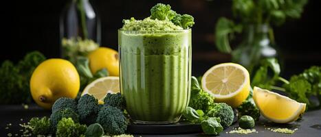 ai généré vert smoothie près Frais nourriture, photo