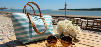 ai généré rayé sac plein de articles et plage les serviettes, photo