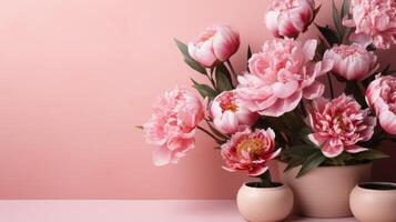 ai généré pivoine fleur sur pastel Contexte avec copie espace photo