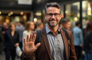 ai généré deux souriant Hommes tremblement mains après réunion dans un Bureau photo