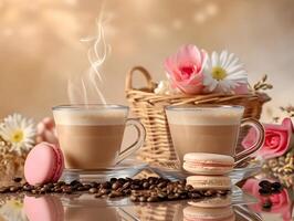 ai généré deux verre tasses de cappuccino avec rose macarons avec une Chariot de café des haricots dans le Contexte. haute résolution. ai génératif photo