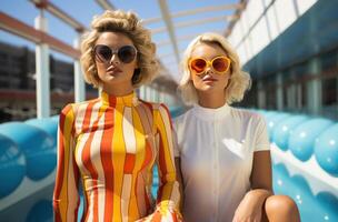 ai généré Jeune femmes dans des lunettes de soleil flottant dans une Jaune gonflable plage tube, photo