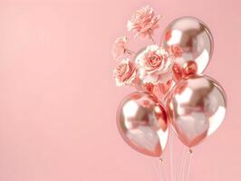 ai généré Rose or déjouer des ballons avec en volant des roses rose Contexte. haute résolution. ai génératif photo