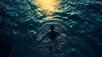 ai généré Haut vue de silhouette homme nager dans le mer cinématique photo. haute qualité. ai génératif photo