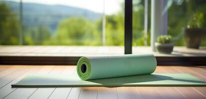 ai généré yoga tapis sur le sol à côté de le fenêtre photo