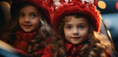 ai généré deux Jeune les filles dans rouge costumes séance dans une voiture avec Noël décorations photo