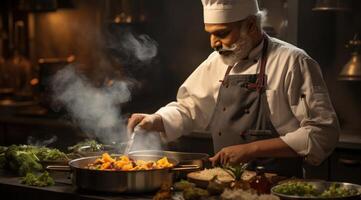 ai généré cette est une Masculin chef sur une commercial cuisine poêle, photo