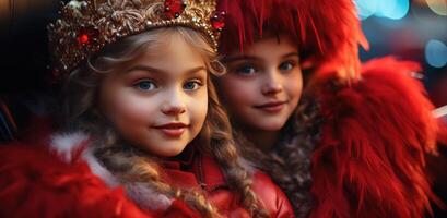 ai généré deux Jeune les filles dans rouge costumes séance dans une voiture avec Noël décorations photo