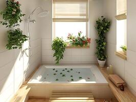 ai généré une petit lumière brillant salle de bains avec une fenêtre et les plantes. haute résolution. ai génératif photo