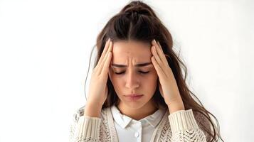 ai généré une femme avec migraine mal de crâne en portant sa tête isolé sur une blanc Contexte. haute qualité. ai génératif photo