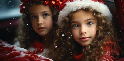 ai généré deux Jeune les filles dans rouge costumes séance dans une voiture avec Noël décorations photo